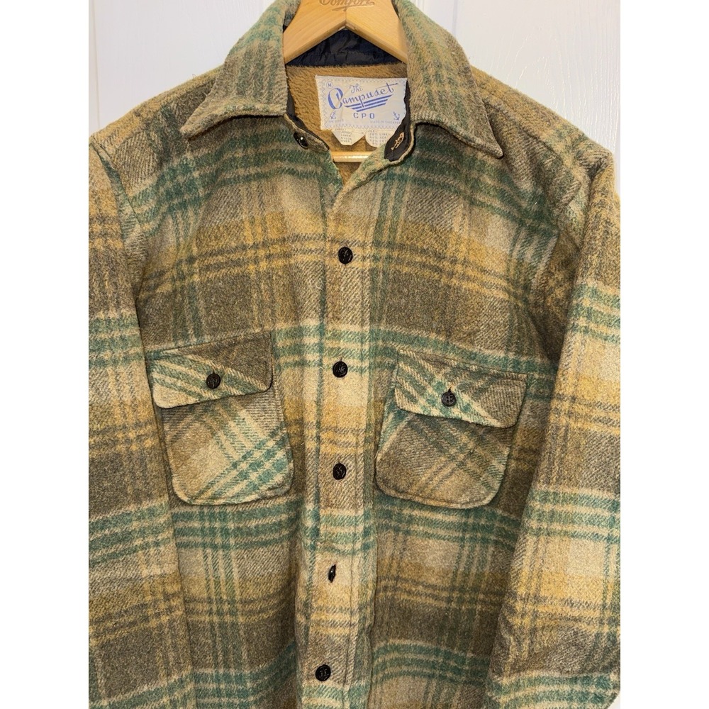 VTG CPO Jacket Campuset Men's M Campus Sherpa Lined Green Plaid Navy 60s/70s - Picture 2 of 16